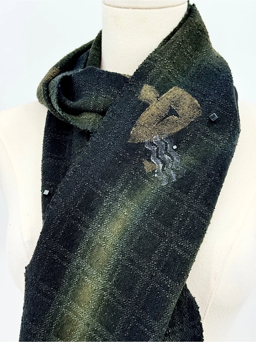 Vintage artisan crafted hand dyed raw silk shawl scarf green gold